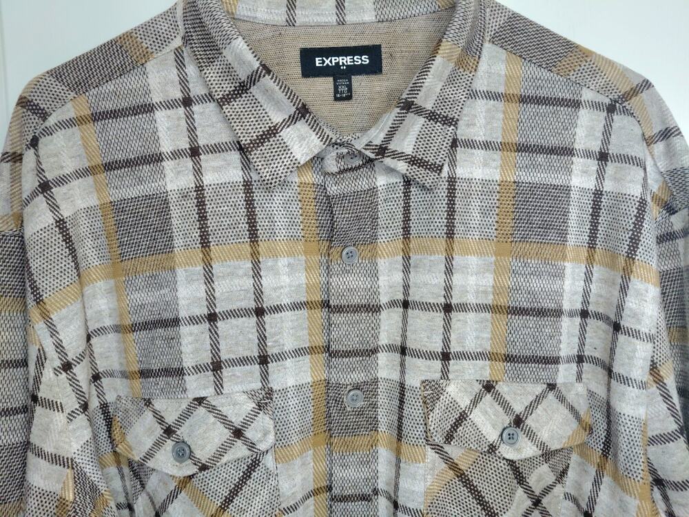 Express Men XXL Plaid Sweater Flannel Shirt NWOT Gray Double Pocket Cabincore